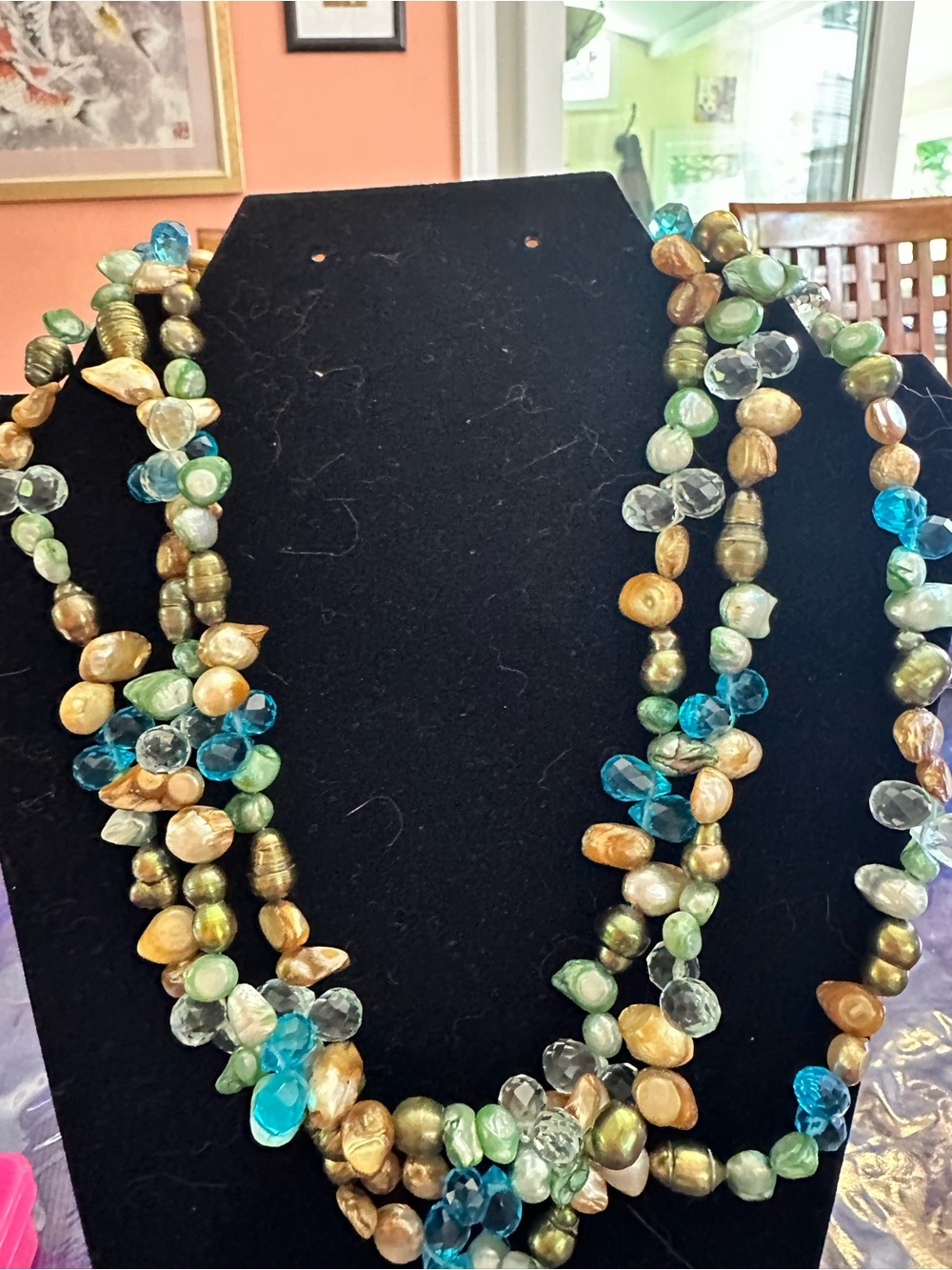 Multi-Strand Blue, Green & Gold Beaded Necklace -are you a retro girl?